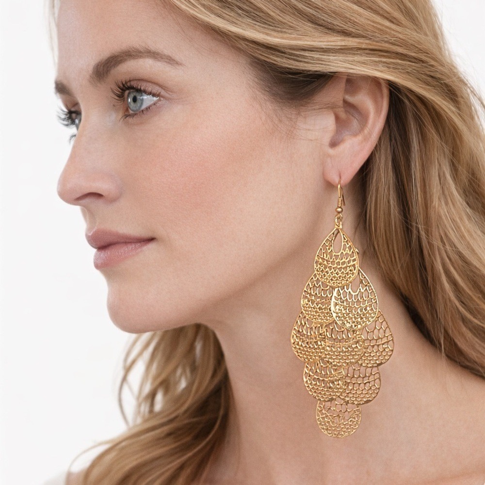 Gold Tone Filigree Chandelier Earrings –‎ Layered Teardrop Statement Dangle